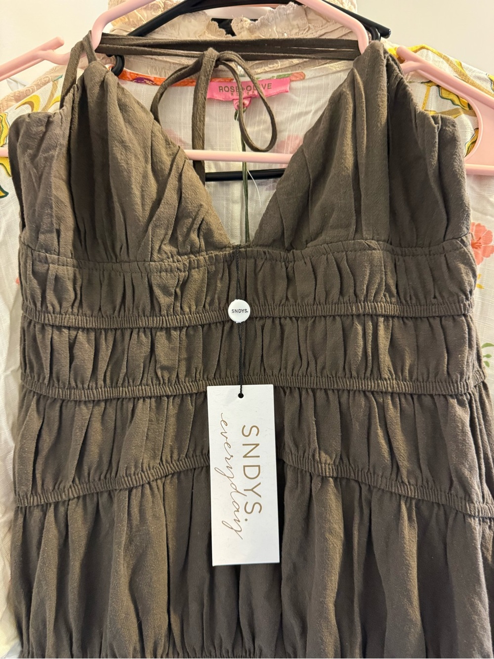 SNDYS Tahlia Dress Brown Spaghetti-Strap Midi Dress with Smocked Bodice Sz Small - Picture 7 of 8